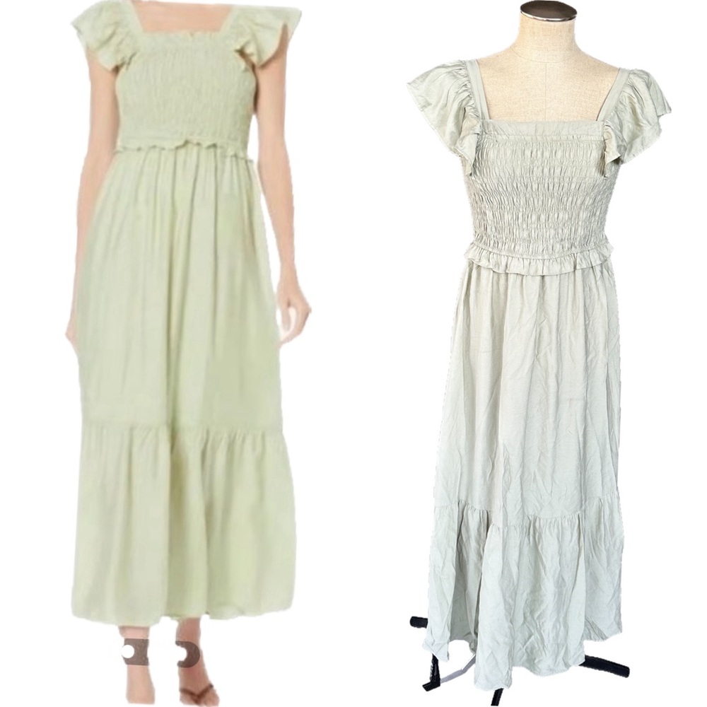 Moon River Sage Green Ruffle Smocked Flutter Sleeve Tiered Nap Dress Size S